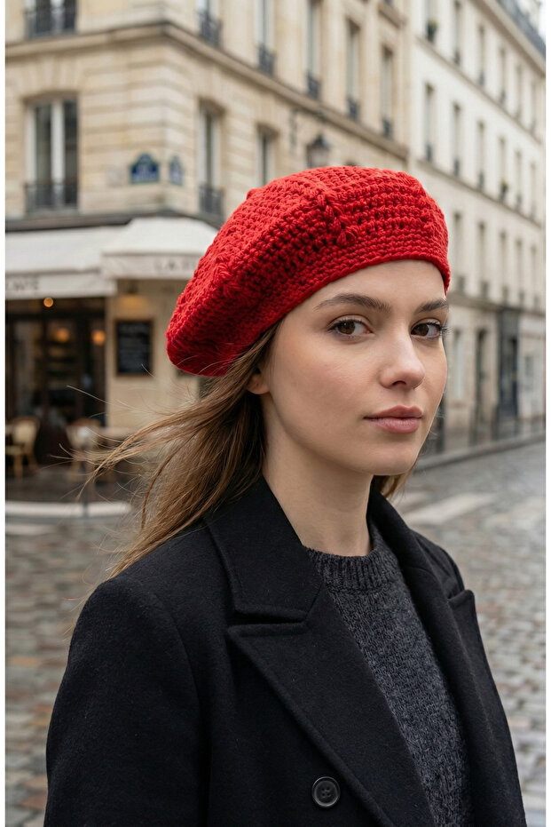 Valentine's Day Special Women's Red Painter Beret 100% Hand Knitted