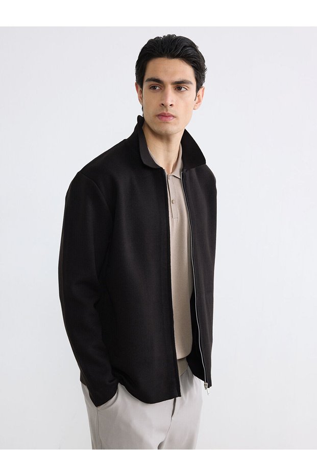 Lcw Vision Black Standard Fit Polo Collar Men's Knitwear Cardigan