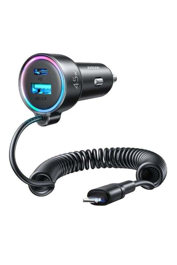 شاحن سيارة 3 في 1 بمنفذ USB من النوع C بتقنية PD مع كابل بيانات Lightning Pin Spring بقوة 45 وات، أسود