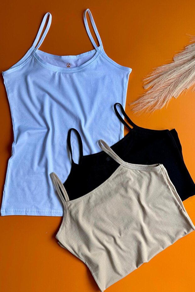 Elytra Less 3-Pack | Black, White and Skin Color Thin Strap Ribbed Collar Women's Undershirt (Modal Fabric)
