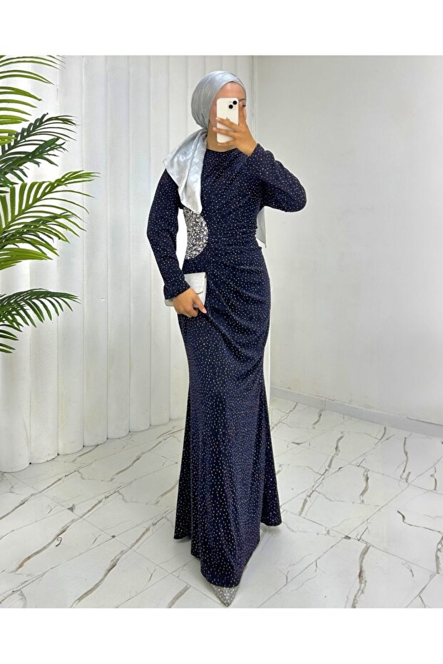 Eye-Catching Modern Stylish Long Hijab Evening Dress with Draped Front and Stones