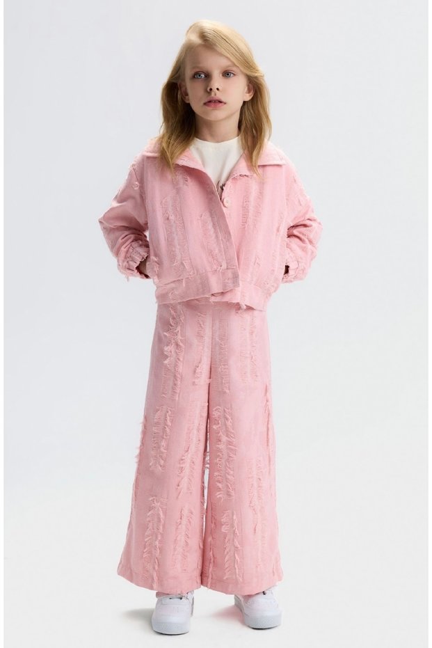 Li̇mi̇ Girl's Soft Textured Lining, Tassel Detail Jacket, Loose Pants, Lycra T-Shirt, 3-Piece Set