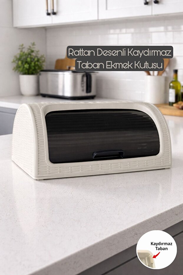 Rattan Patterned Plastic Bread Box with Non-Slip Base, Sliding Lid Kitchen Organizer