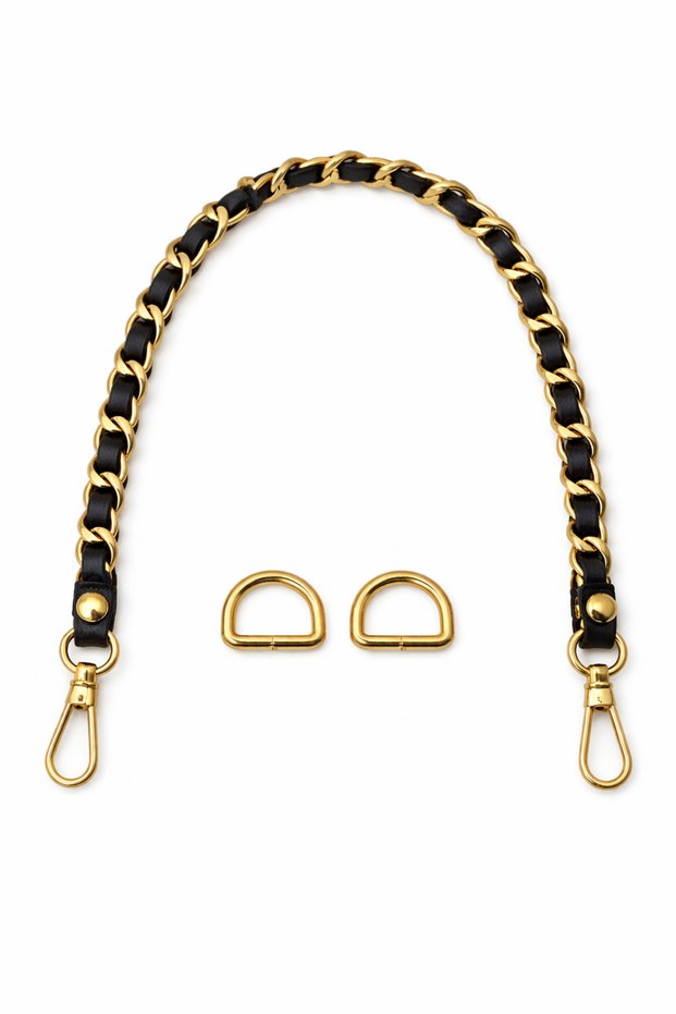 Black Leather Chain Bag Handle and Bag Front Decoration – with Gold Color Accessories – 45 cm