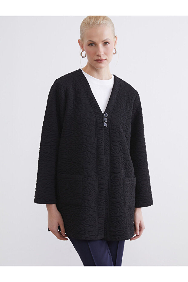 Lcw Grace Black V-Neck Self-Patterned Women's Cardigan with Nevavm Difference - S6Kl95Z8-Cvl