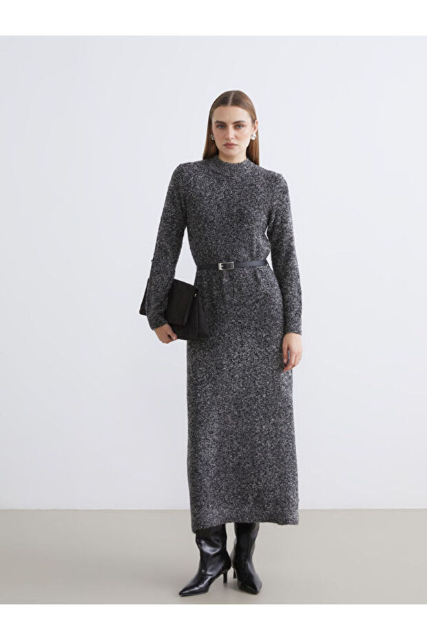 Esvab • Modern & Distinctive Belted High Collar Knitwear Dress