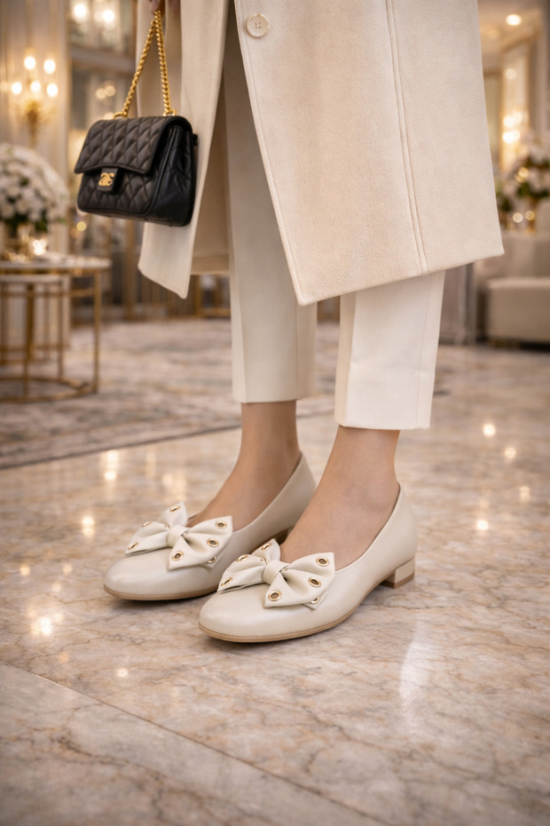 🔥 Modern Elegance: Women's Ballerina Shoes with Metal Detail and Bow (Black, Brown, Cream)