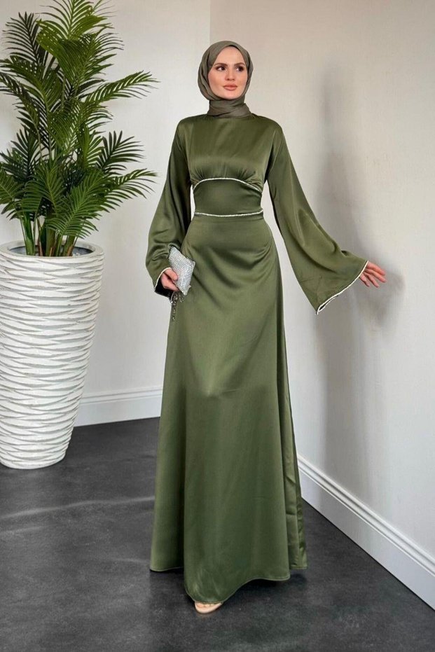 Evening Dress with Baguette Stones on the Sleeves and Waist Khaki