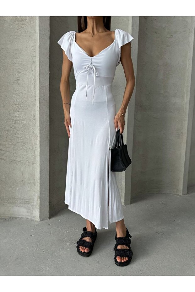 Slit Butterfly Sleeve Plain Viscose Dress