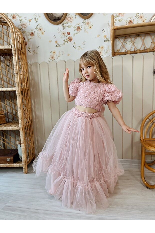 Girls' Rose Embossed Cropped Top & Skirt Set