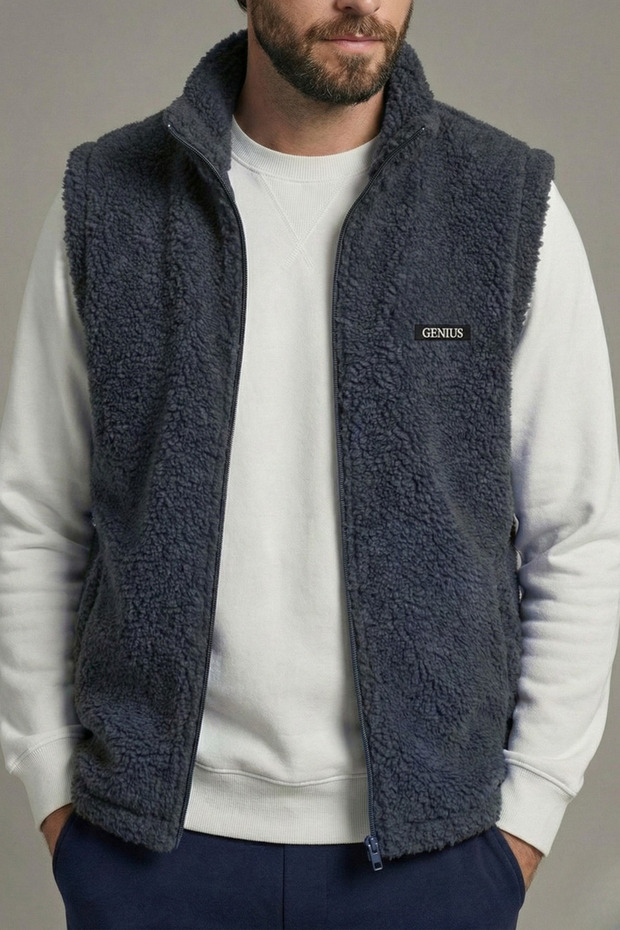 Men's Vest with Sherpa Plush Lining, Full Zipper Pockets, Lamb Outdoor Vest