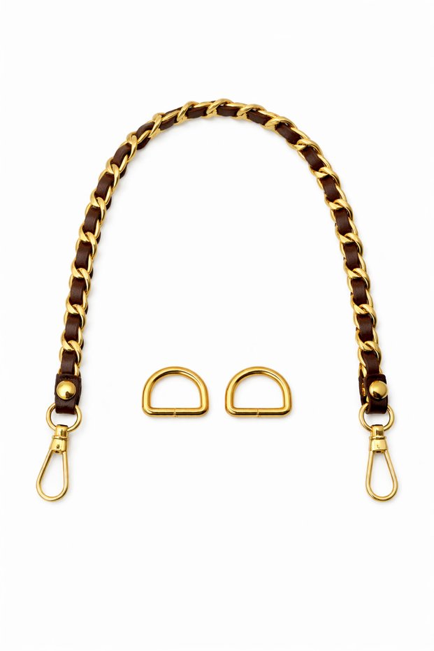 Brown Leather Chain Bag Handle and Bag Front Decoration – with Gold Color Accessories – 45 cm