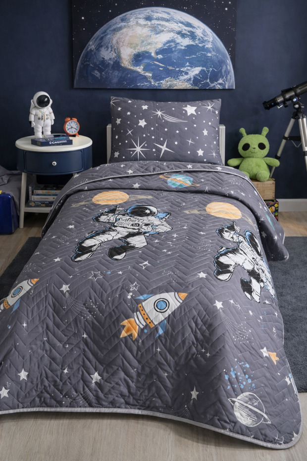 Astronaut Patterned Single Quilted Pique Bedspread Set (Pique + Pillowcase)