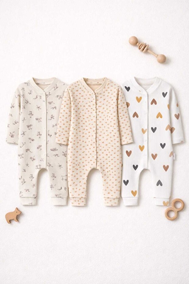 3-Piece Combed Cotton Baby Romper Set – Beige Tones with Floral, Heart and Nature Patterns | Reported as 100% Cotton, Unisex.