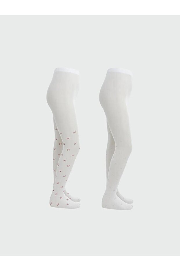 White Bow Detail Girls' Thin Pantyhose 2-Pack (S6)