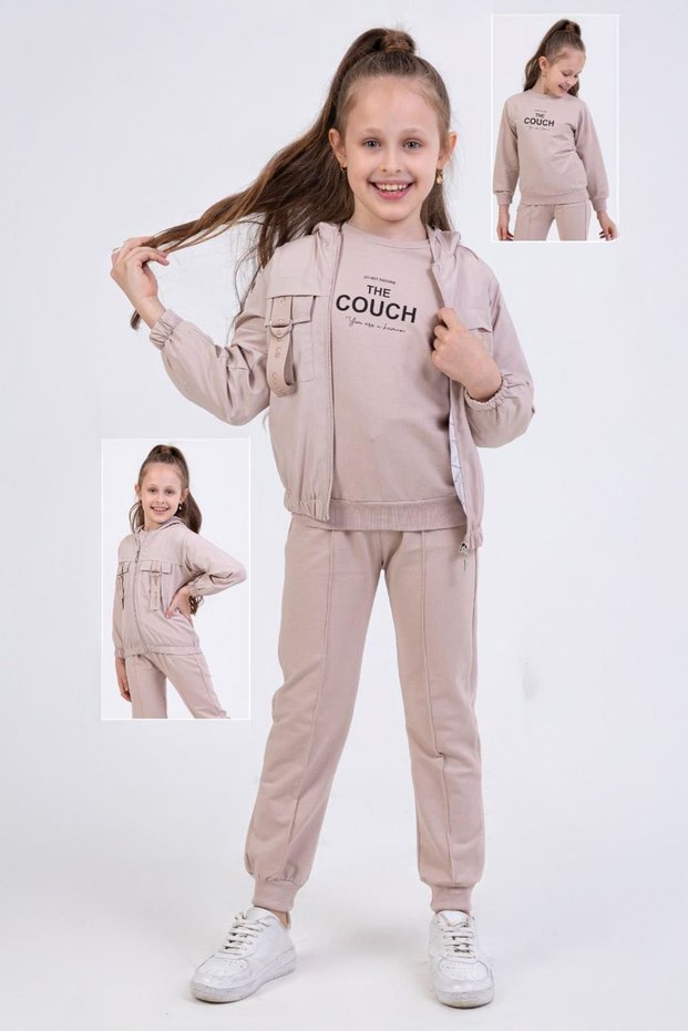Miniğimin Cicileri the Couch Printed Sports Girls' 3-Piece Set - Beige