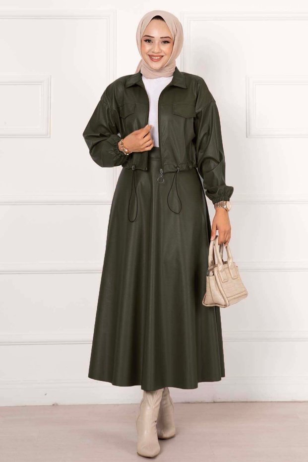 Leather Suit with Skirt Khaki