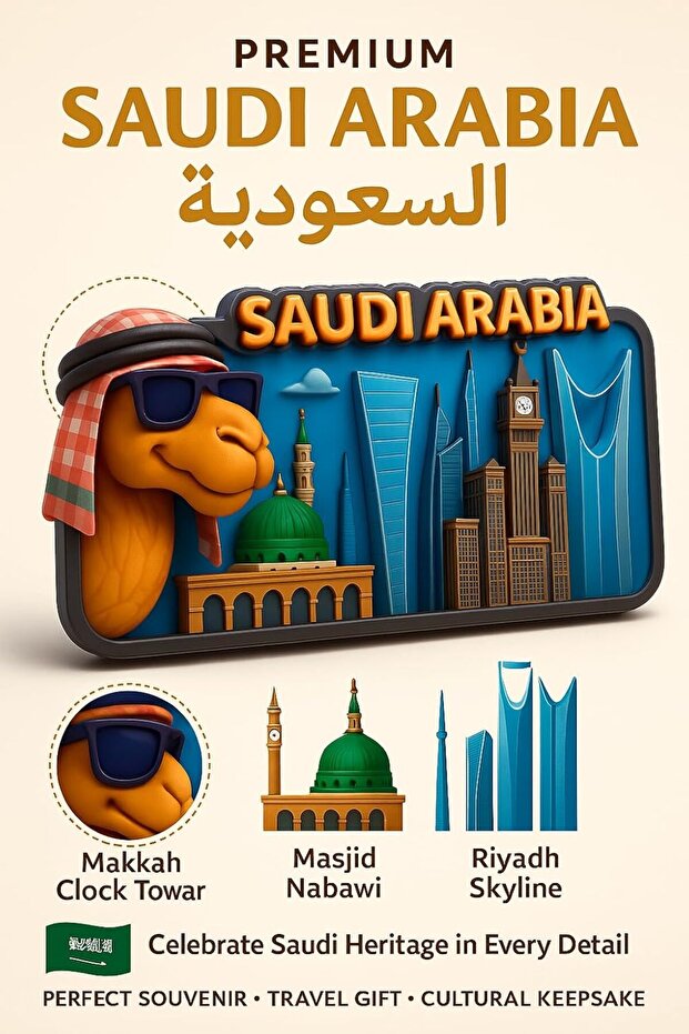 مغناطيس ثلاجة تذكاري سياحي من المملكة العربية السعودية، تصميم أفق المدينة مزخرف بجمل ومسجد وعصر حديث