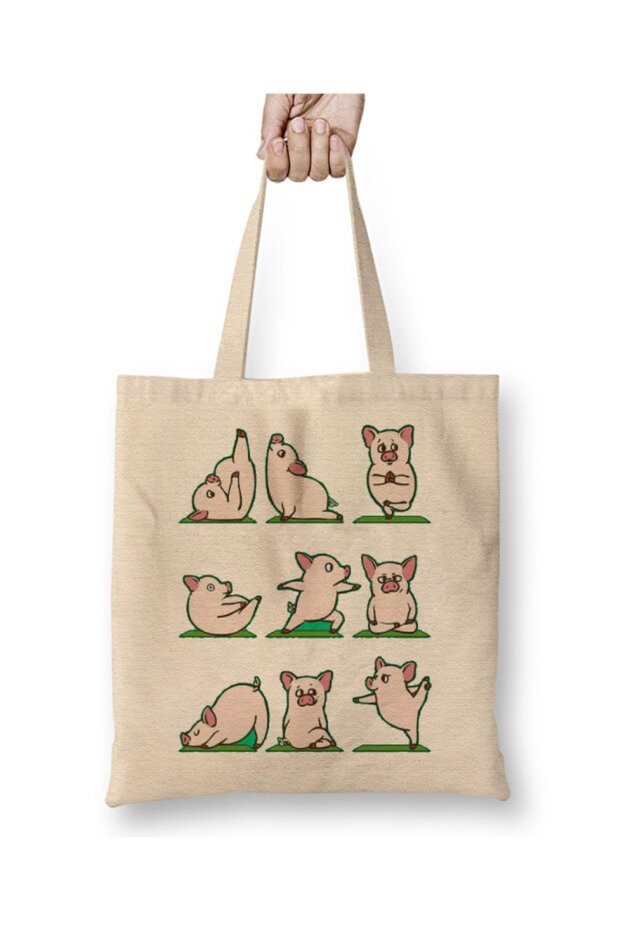 Pig Yoga Pilates Gym Sports White Tote Bag Long Handle Shopping Bag Beach Bag