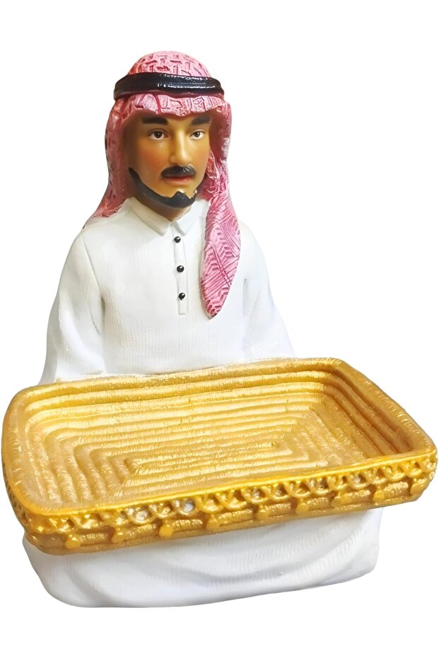 تمثال شرق أوسطي تقليدي مع صينية تقديم مطلية بالذهب – ثوب أبيض وشماغ أحمر –