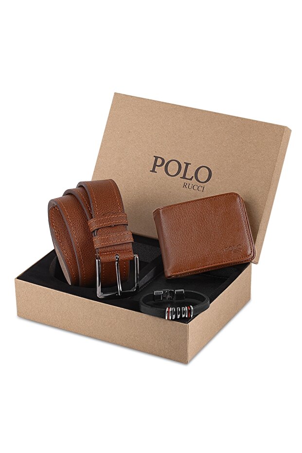 Boxed Men's Tan Color Bracelet Belt Wallet Gift Set