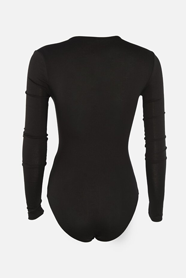 Siyah Derin V Yakalı Çıtçıtlı Örme Body TPRAW22BD0084 - 7
