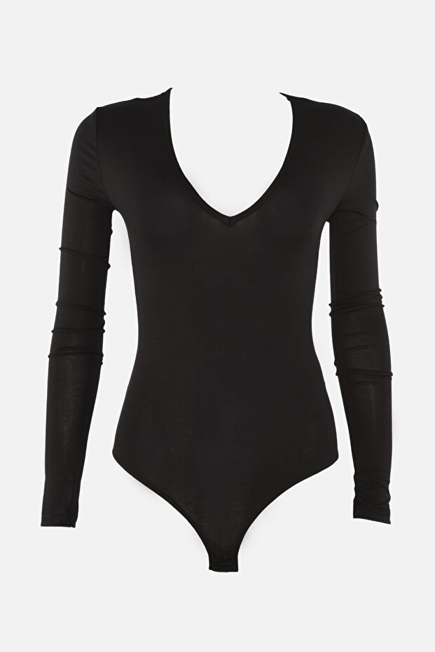 Siyah Derin V Yakalı Çıtçıtlı Örme Body TPRAW22BD0084 - 6