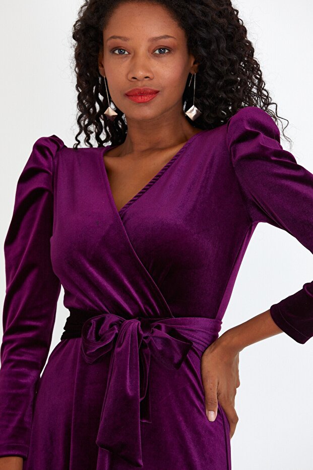 Rochie dublu, midi, catifea prune - 1