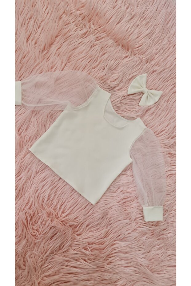 Girl's Ecru White Blouse with Tulle Sleeves