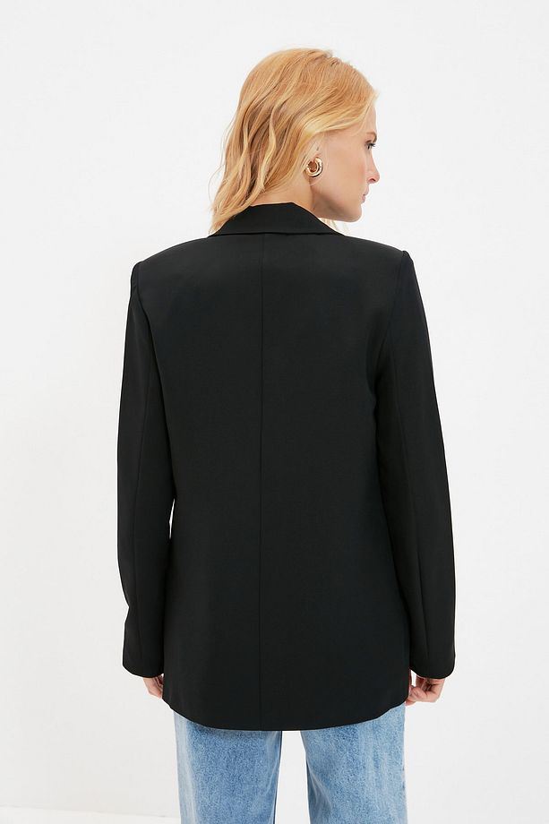 Siyah Regular Astar Detaylı Dokuma Blazer Ceket TWOAW20CE0316 - 5