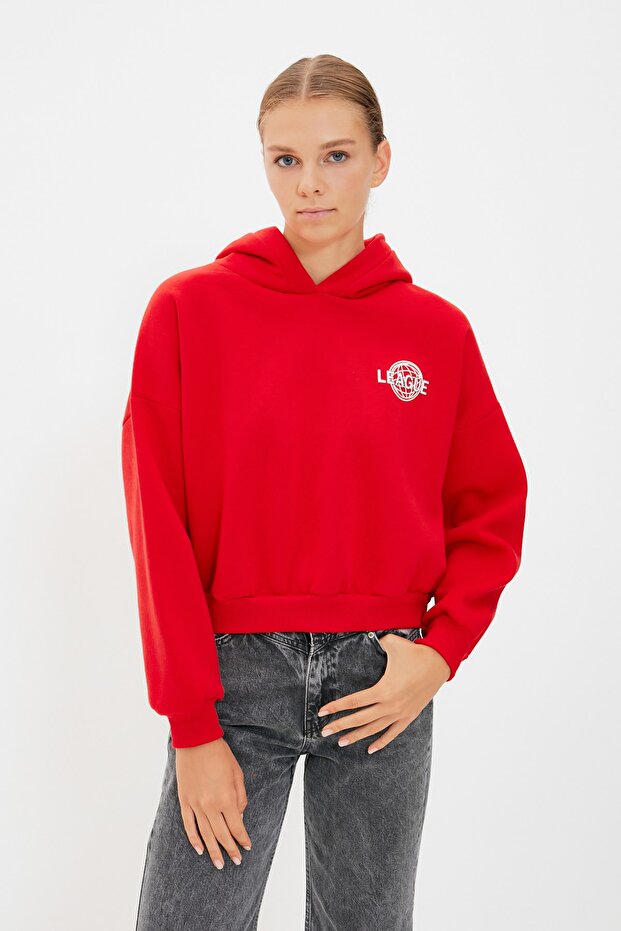 Kırmızı Sırt Baskı Detaylı Kapüşonlu Kalın İçi Polarlı Örme Sweatshirt TWOAW22SW0711 - 4