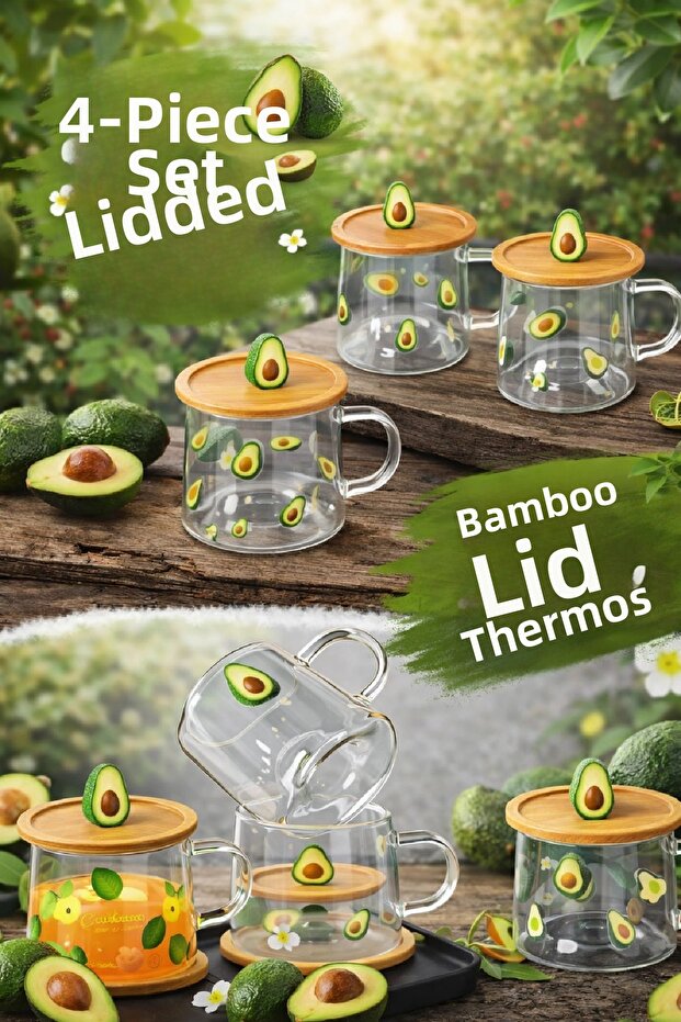 3D Avocado Figured Printed Hot Cold Borosilicate Glass Soft Drink Cup Water Tea Cup with Bamboo Lid