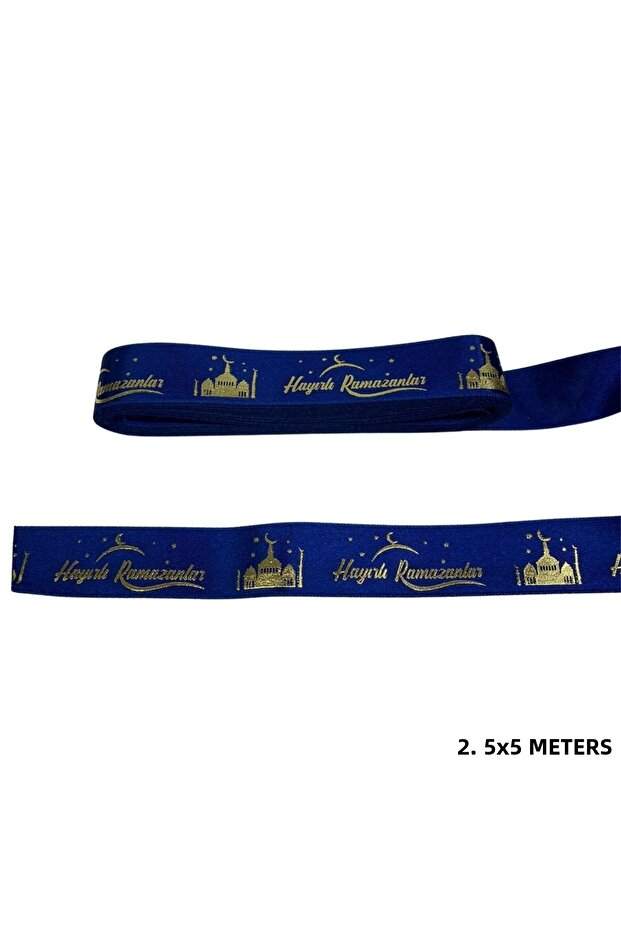 Auspicious Ramadans Written Gift Wrapping Ribbon, Gold Foil Navy Blue Satin Ribbon, 2.5cm X 5