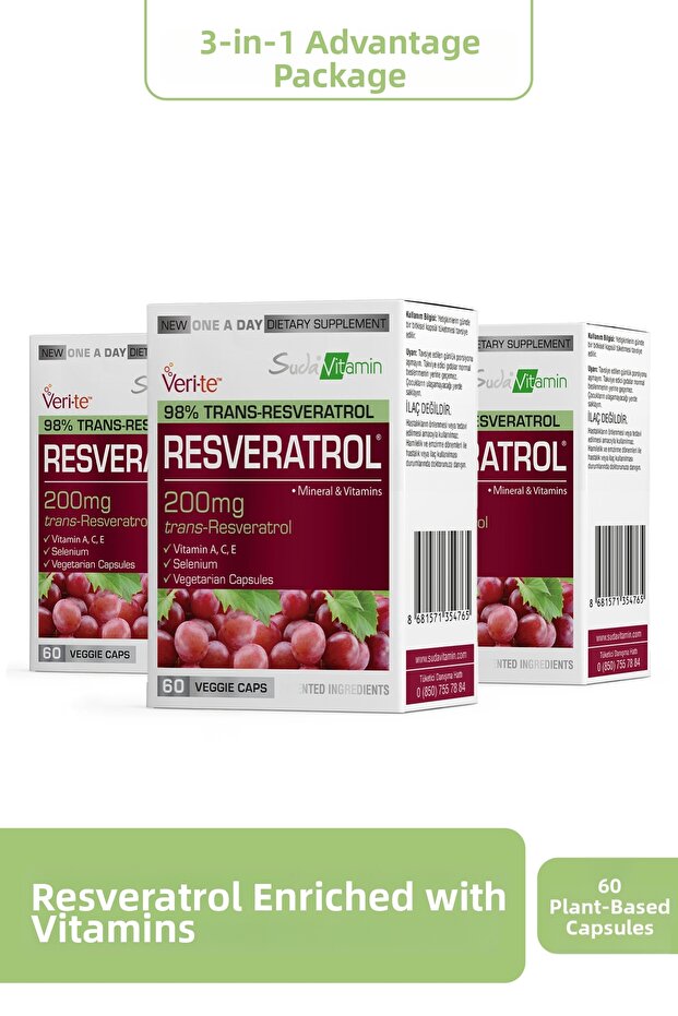 Resveratrol 200 Mg- Vitamin C, E, A, Selenium, Immunity and Anti-Oxidant 60 Capsules X3 Pieces