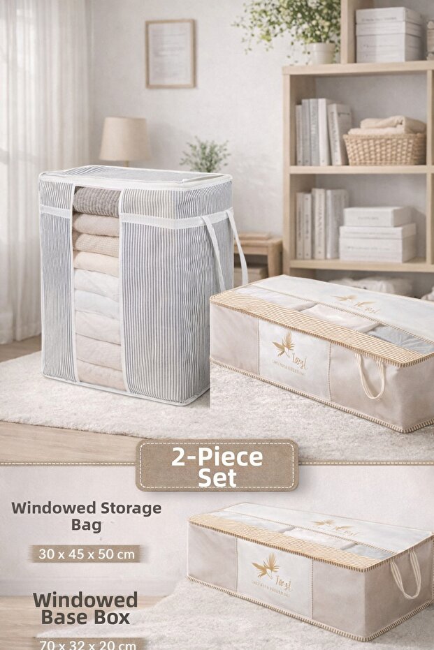 Set of 2 – Windowed Clothing Storage Organizer Bag & Multi-Purpose Quilt Storage Bag (Base Size)