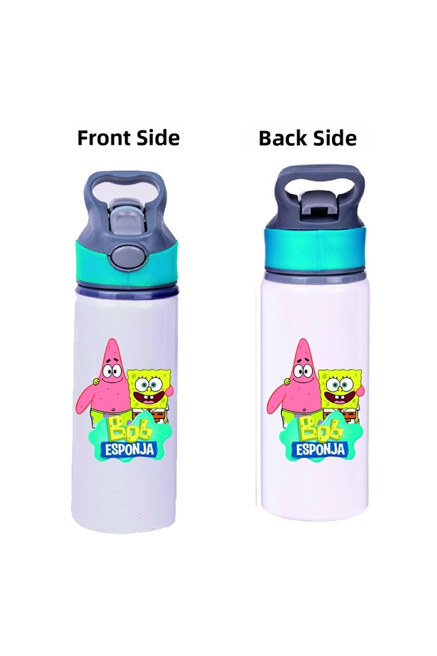 Printed Blue Metal Water Bottle with Straw-650Ml.-005