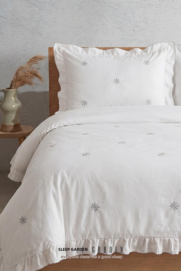 Esen Duvet Cover Set Embroidered 100% Cotton Snowflake Patterned White Double