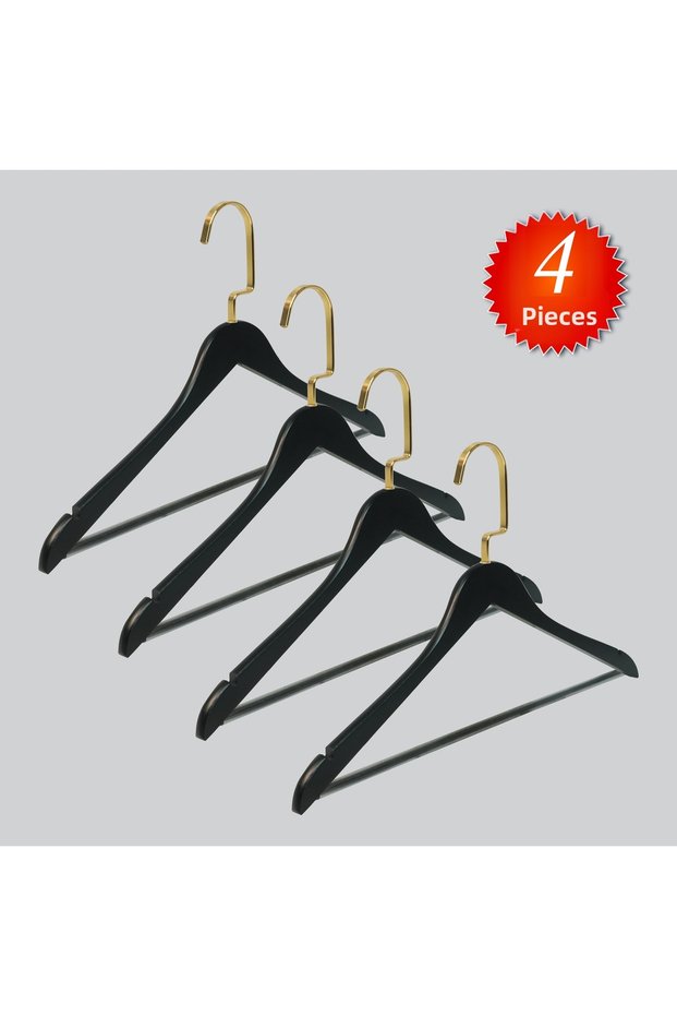 Wooden (Gold Hook Lama) Bar Hanger for Shirts and Trousers, Black Color, 4 Pieces