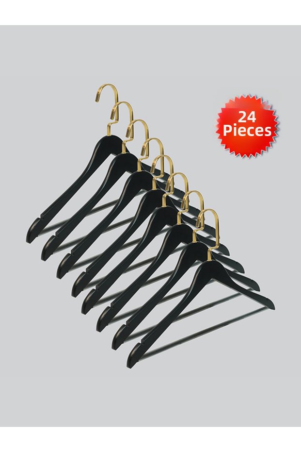 Wooden (Gold Hook Lama) Bar Hangers for Shirts, Pants, Clothes, Black Color, 24 Pieces