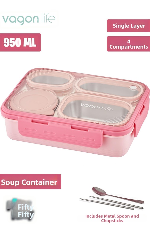 950 ML Stainless Steel Lunch Box - Single Layer, Four Compartment Soup, Metal Spoon - FFLBOX709