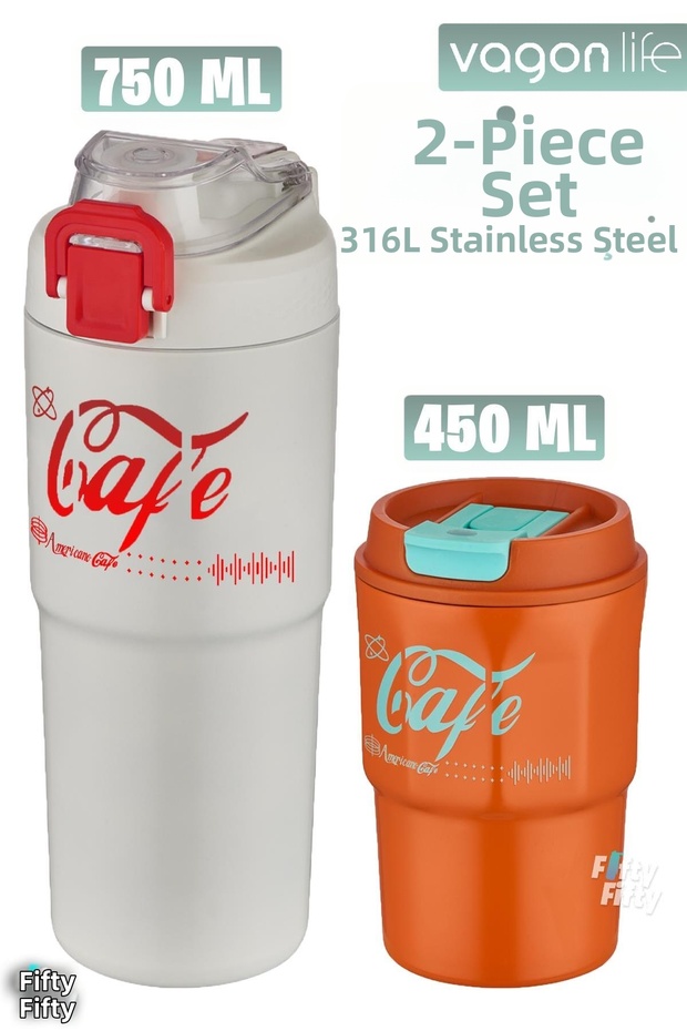 2-piece steel thermos-coffee cup set 750ml dual use thermos//450ml mug coffee cup