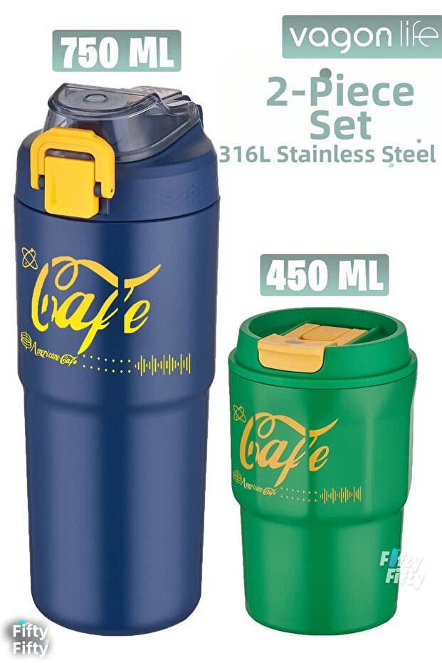 2-piece steel thermos-coffee cup set 750ml dual use thermos//450ml mug coffee cup