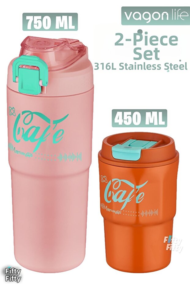 2-piece steel thermos-coffee cup set 750ml dual use thermos//450ml mug coffee cup