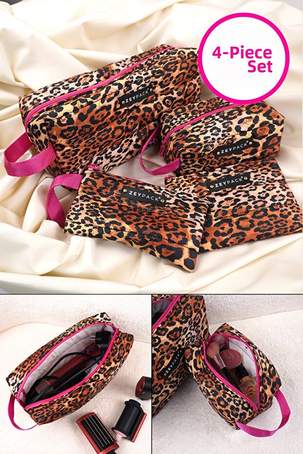 Leopard Patterned Makeup Bag Set of 4 Suitcase Organizer