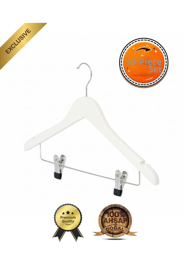 White Wooden Clothes Hanger with Clips at the Bottom for Shirts, Trousers, Skirts, Clothing Hanger, 10 Pieces