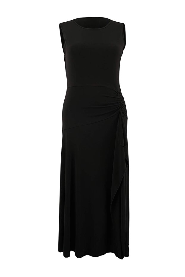 Siyah Düz Burgu ve Fırfır Detaylı Kayık Yaka Belden Açılan Maxi Örme Elbise TBBSS26AH00166 - 6