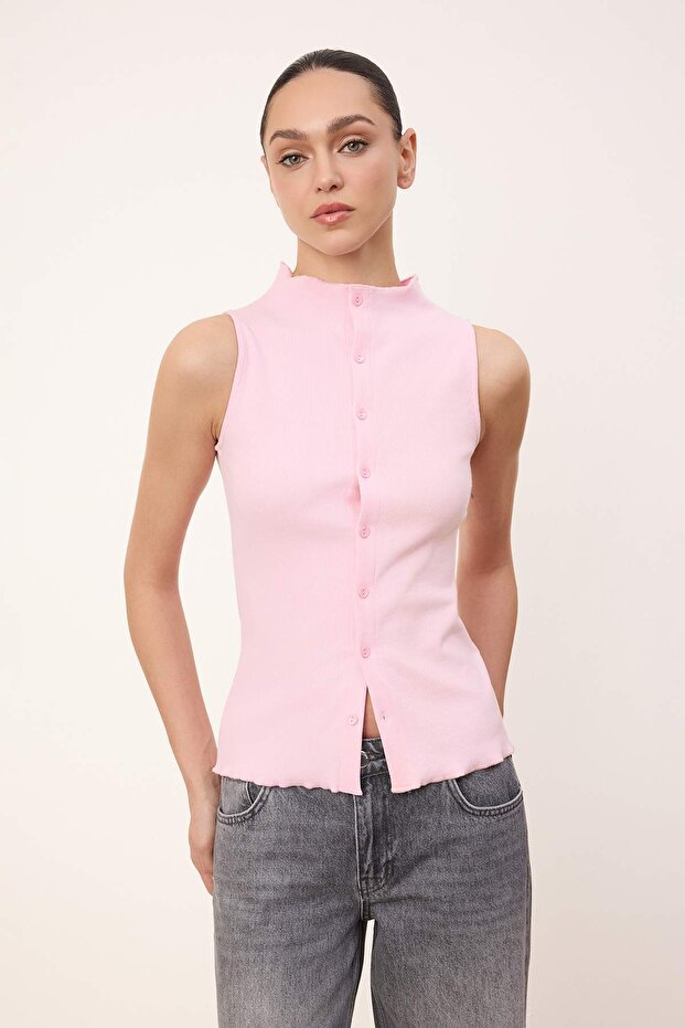 Wardrobe Essentials-Açık Pembe Fitted Düğmeli Volanlı/Fırfırlı Esnek Örme Bluz TWOSS26BZ00171 - 2