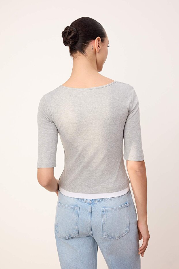 Wardrobe Essentials-Gri Melanj Fitted/Vücuda Oturan V Yaka Örme Bluz TWOSS26BZ00068 - 4