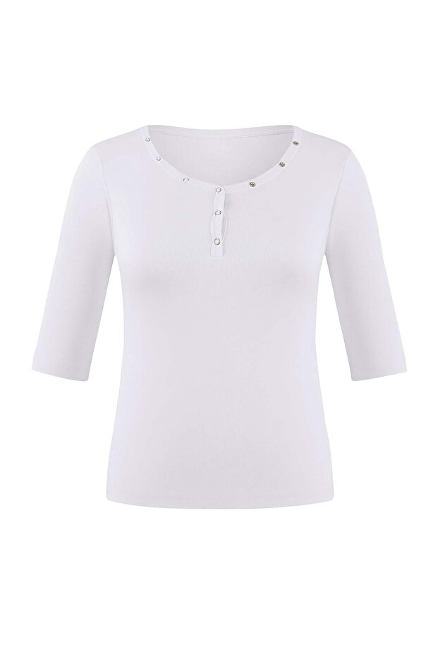 Ekru Soft Yumuşak Kumaşlı V Yaka Çıt Çıt Detaylı Örme Büyük Beden Bluz TBBSS26AF00044 - 4
