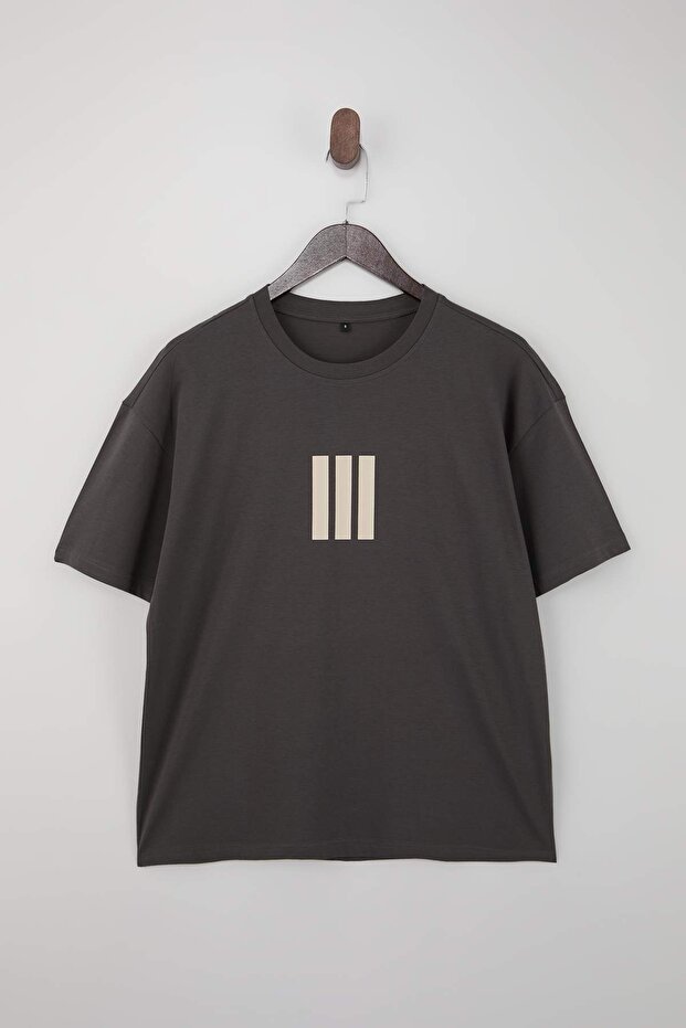 Antrasit-Taş Oversize/Geniş Kesim 2'li Paket Çizgi Baskılı %100 Pamuk T-Shirt TMNSS25TS00210 - 2